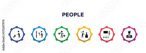 people filled icons with infographic template. glyph icons such as dog trainer, plumber working, salesman working, sculptor working, teacher and students, business suit vector.