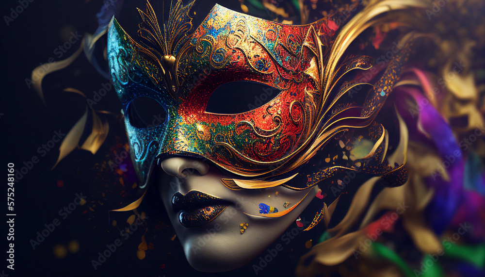 Mardi Gras masquerade. A woman's face in a mask. Generative AI