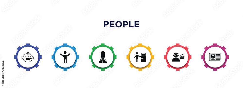 people filled icons with infographic template. glyph icons such as crying baby, man celebrating, queens guard, man knocking a door, movie director, identification pass vector. people filled icons with infographic template. glyph icons such as crying baby, man celebrating, queens guard, man knocking a door, movie director, identification pass vector.