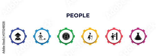 people filled icons with infographic template. glyph icons such as chinese man, war prisioner, woman profile, old lady walking, knocking, bride dress vector.