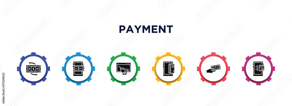 payment filled icons with infographic template. glyph icons such as money transfer, mobile money, online shopping, mobile card, payment, mobile payment vector. payment filled icons with infographic template. glyph icons such as money transfer, mobile money, online shopping, mobile card, payment, mobile payment vector.
