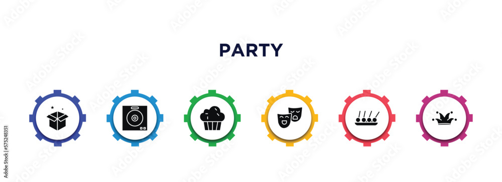 party filled icons with infographic template. glyph icons such as magician case, dj playing records, sweet cake, theatre masks, skewer, clown head vector. party filled icons with infographic template. glyph icons such as magician case, dj playing records, sweet cake, theatre masks, skewer, clown head vector.