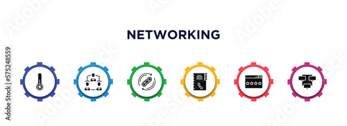 networking filled icons with infographic template. glyph icons such as low temperature, group avatar, backlink, contact book, stars balloons, continuous line vector.