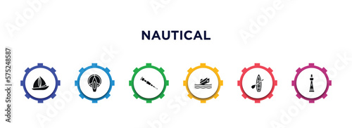 nautical filled icons with infographic template. glyph icons such as windsail, port and starboard, spyglass, capsizing, skiff, smeaton's tower vector.