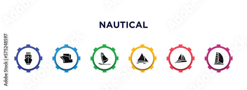nautical filled icons with infographic template. glyph icons such as ballast, vessel, windsurf board, iceboat, gunboat, scow vector.