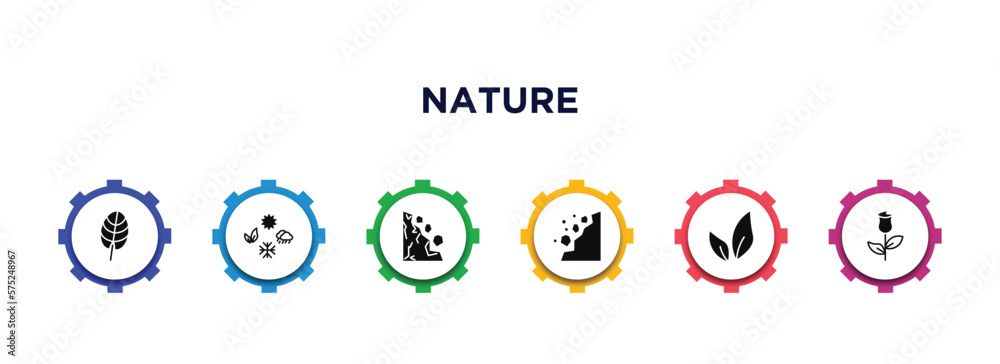 nature filled icons with infographic template. glyph icons such as cordate, season, mountain pse, falling debris, tree leave, roses vector. nature filled icons with infographic template. glyph icons such as cordate, season, mountain pse, falling debris, tree leave, roses vector.