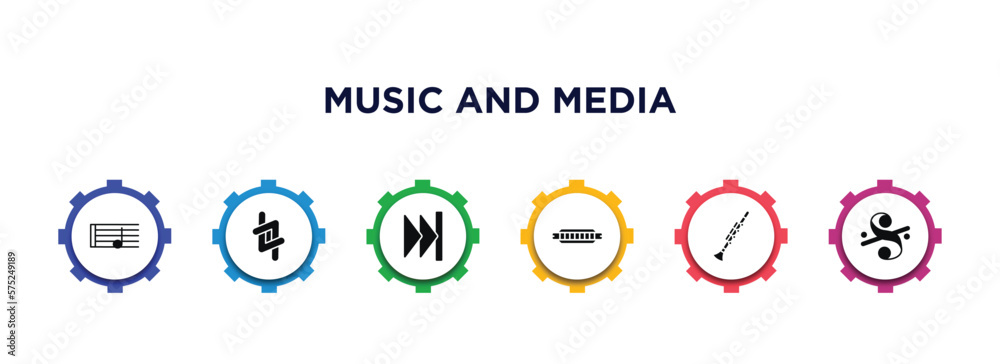 music and media filled icons with infographic template. glyph icons such as half note, natural, skip, harmonica, clarinet, segno vector.