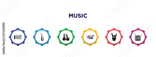 music filled icons with infographic template. glyph icons such as melody, blues, castanets, cornet, heavy metal, percussion vector.