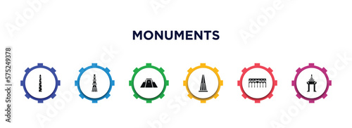 monuments filled icons with infographic template. glyph icons such as walled obelisk, qutb minar in new delhi, pyramid of the magician, the, segovia aqueduct, cambodia vector.