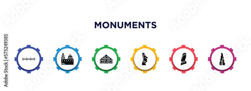 monuments filled icons with infographic template. glyph icons such as bridge of the west, blue domed churches, milan cathedral, easter island, moia statues, vector.