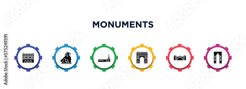 monuments filled icons with infographic template. glyph icons such as lonja of zaragoza, imperial guardian lion, moscow, arc of triomphe, stari most, ejer baunehoj vector.
