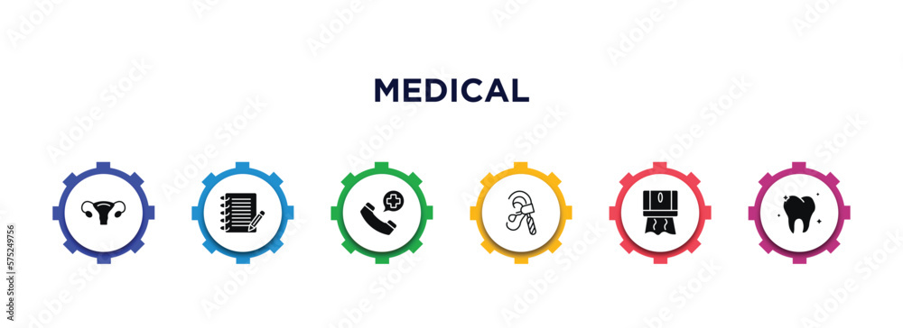 medical filled icons with infographic template. glyph icons such as uterus, notepad, emergency call, otoscope, tissue paper, molar vector. medical filled icons with infographic template. glyph icons such as uterus, notepad, emergency call, otoscope, tissue paper, molar vector.