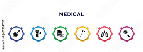 medical filled icons with infographic template. glyph icons such as male, blood sample, prescription, walking stick, lungs, germs vector.