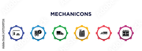 mechanicons filled icons with infographic template. glyph icons such as car in a gas station, bus with compass, lorry side view, change car oil, transportation truck, car battery vector.