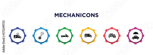 mechanicons filled icons with infographic template. glyph icons such as red cross car, repair wrenches, pick up truck, van facing left, car with padlock, car with umbrella vector.