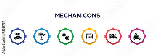 mechanicons filled icons with infographic template. glyph icons such as car for sale, garage elevator, two cogwheels, car wash hine, ambulance facing left, van an antenna vector.