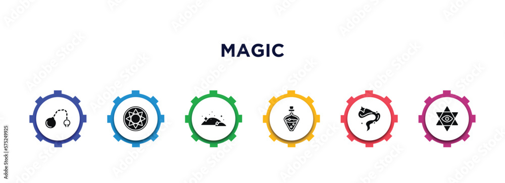 magic filled icons with infographic template. glyph icons such as fetters, astral, dust, potion, smoke, esoteric vector.