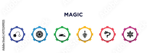 magic filled icons with infographic template. glyph icons such as fetters, astral, dust, potion, smoke, esoteric vector.