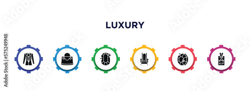 luxury filled icons with infographic template. glyph icons such as vest suit, handbag, ruby, throne, gems, vip pass vector.