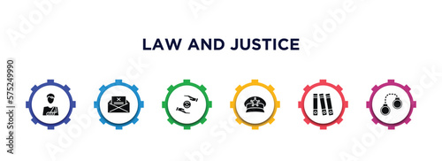 law and justice filled icons with infographic template. glyph icons such as accident and injuries, crime letter, property and finance, police cap, practise areas, criminal vector.