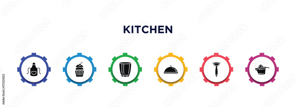 kitchen filled icons with infographic template. glyph icons such as apron, cupcake, glass, platter, peeler, squeezer vector. kitchen filled icons with infographic template. glyph icons such as apron, cupcake, glass, platter, peeler, squeezer vector.