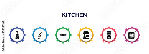 kitchen filled icons with infographic template. glyph icons such as juicer, wheat, nder, mixer, trash, kitchen mitten vector.