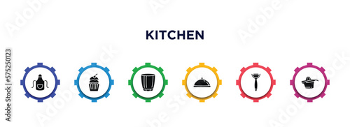 kitchen filled icons with infographic template. glyph icons such as apron, cupcake, glass, platter, peeler, squeezer vector.
