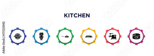 kitchen filled icons with infographic template. glyph icons such as paella, sauces, frying pan, napkin, meat grinder, conserve vector.