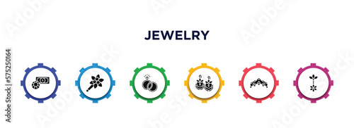 jewelry filled icons with infographic template. glyph icons such as pawn shop, brooch, engagement, earring, tiara, belly piercing vector.
