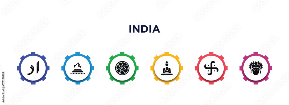 india filled icons with infographic template. glyph icons such as urdu, yagna, bihu, buddhist, hindu, krishna vector.