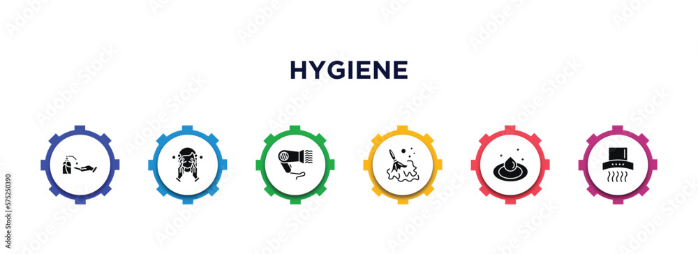 hygiene filled icons with infographic template. glyph icons such as gel, face washer, dryer, wet cleaning, purity, extractor vector. hygiene filled icons with infographic template. glyph icons such as gel, face washer, dryer, wet cleaning, purity, extractor vector.