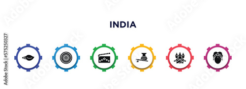 india filled icons with infographic template. glyph icons such as biju janata dal, chakra, , bhagavan, brahma, parvati vector.