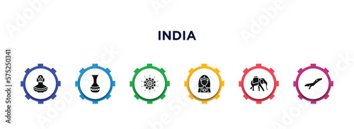 india filled icons with infographic template. glyph icons such as kumbh kalash, indian vase, mandala, chandra, indian elephant, assam vector.