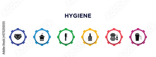 hygiene filled icons with infographic template. glyph icons such as underwear, face towel, primp, varnish, cosmetics, detergent dose vector.