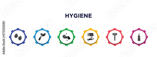 hygiene filled icons with infographic template. glyph icons such as microbes, dolled up, lather, hand dryer, shaving razor, hair tonic vector.