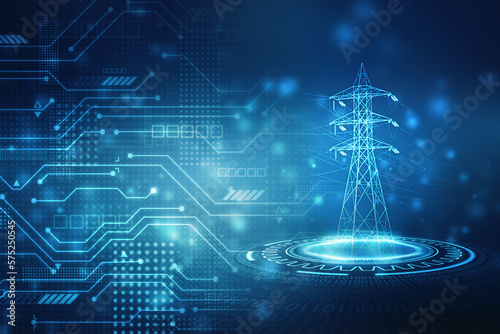 High power electricity poles on technology abstract background. Energy supply, distribution of energy, transmitting energy, energy transmission, high voltage supply concept
