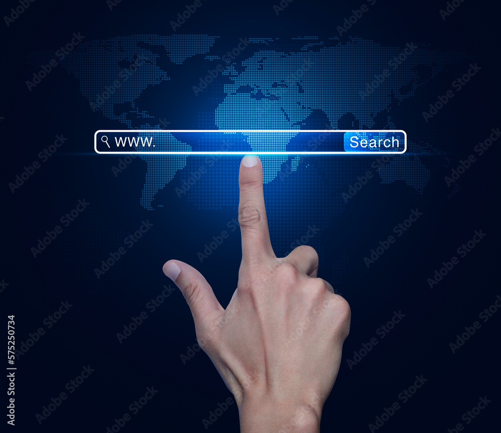 Hand pressing search www button over digital world map technology style, Searching system and internet concept, Elements of this image furnished by NASA Hand pressing search www button over digital world map technology style, Searching system and internet concept, Elements of this image furnished by NASA