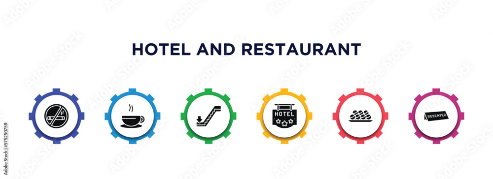 hotel and restaurant filled icons with infographic template. glyph icons such as no smoking, coffee, or down, hotel, takoyaki, reserved vector. hotel and restaurant filled icons with infographic template. glyph icons such as no smoking, coffee, or down, hotel, takoyaki, reserved vector.