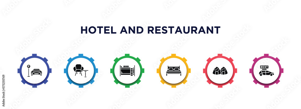 hotel and restaurant filled icons with infographic template. glyph icons such as parking, lounge, bunk, double bed, onigiri, rent a car vector. hotel and restaurant filled icons with infographic template. glyph icons such as parking, lounge, bunk, double bed, onigiri, rent a car vector.