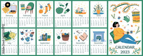 Cozy spring hygge calendar. Happy seasons. Warm autumn or flower summer. Winter book. Comfortable home. Monthly organizer. Relaxing woman. 2023 year posters set. Vector cartoon template