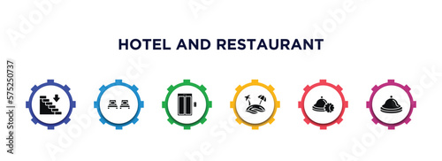 hotel and restaurant filled icons with infographic template. glyph icons such as go down, beds, elevator, beach, reservation, reception bell vector.