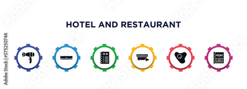 hotel and restaurant filled icons with infographic template. glyph icons such as hairdryer, air conditioner, agenda, check in, fried egg, menu vector.