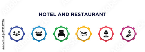 hotel and restaurant filled icons with infographic template. glyph icons such as people, vegetarian, single bed, hammock, servant, reception vector.