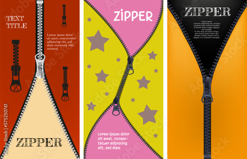 Zipper shopping banner. Clothing fastener. Advertising header design. Clothes store opening. Sewing accessories. Zip fastening. Pulling ziplock clasp. Vector illustration posters set