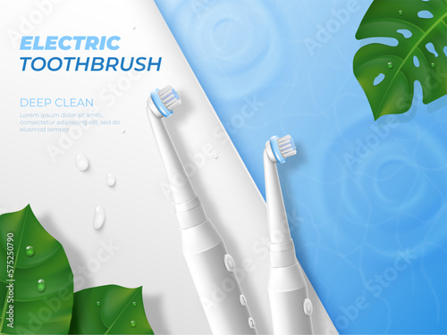 Electric toothbrush on minimal surface. Ad banner design. Realistic dental oral product for health and hygiene. Tooth brush advertising. Tropical plants. Water drops. Vector 3D background