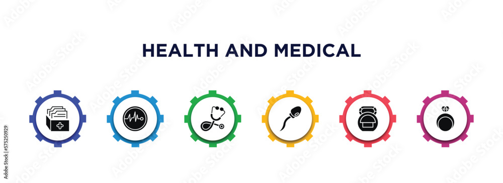 health and medical filled icons with infographic template. glyph icons such as medical file, pulse, phonendoscope, sperm, kettlebell, rings vector. health and medical filled icons with infographic template. glyph icons such as medical file, pulse, phonendoscope, sperm, kettlebell, rings vector.