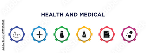 health and medical filled icons with infographic template. glyph icons such as biceps, injection, salt, medical substance, medical book, antibiotics vector.