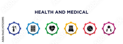 health and medical filled icons with infographic template. glyph icons such as breast pump, contraceptive pills, cardiology, abs, spermatozoon, handgrip vector.
