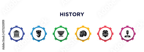 history filled icons with infographic template. glyph icons such as greek, archaeological, bowl, skull, face, policeman vector.