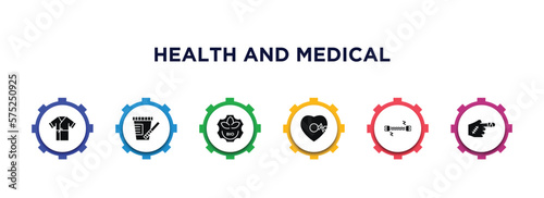 health and medical filled icons with infographic template. glyph icons such as patient robe, urine, bio, beat, chest expander, injury vector.